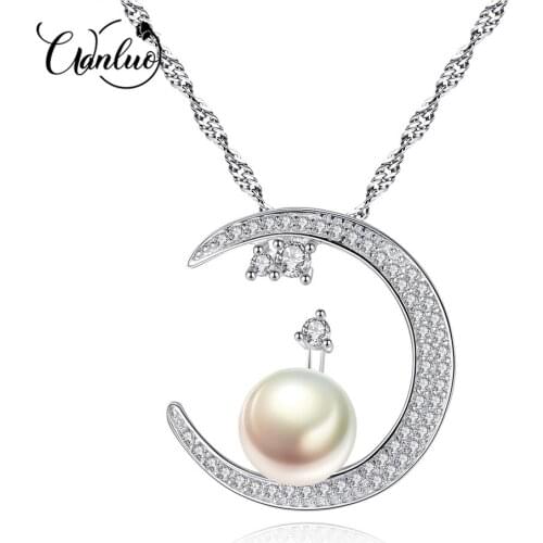 WANLUO Genuine 925 Sterling Silver Crescent Moon Shimmering zircon Pendant Necklaces for Women Fine Jewelry Pearl S925 Necklace