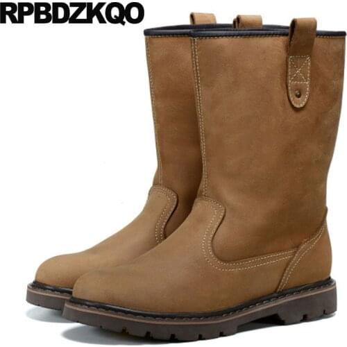 Mid Calf 2018 Tall Fall Designer Shoes Men High Quality European Slip On Full Grain Leather Boots Fashion Luxury Riding Brown