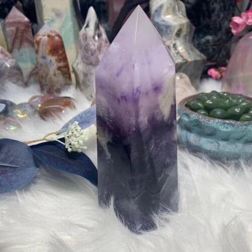 Natural purple fluorite six prism, crystal healing reiki home decoration stone crystal process