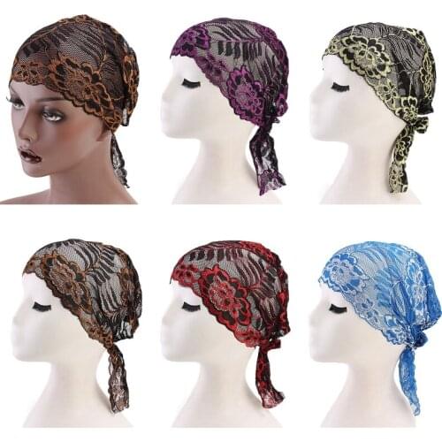 Fashion Ladies Headwear Two-color Flower Lace Hat Lightweight Baotou Caps Muslim Woman Turban Bottoming Hat Chemo Caps Beanie