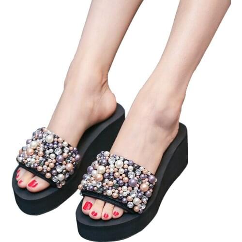 Womens Pearl Slippers Open Toe Outdoor Pillow Slippers Womens Platform Luxury Slides Party Non Slip Wedges Shoes for Women