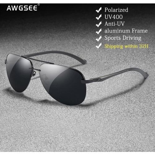 AWGSEE High Quality Men Sunglasses Semi-Rimless Metal Pilot Polarized Sunglasses Women Alloy Frame UV Mirrored Lens Retro Shades
