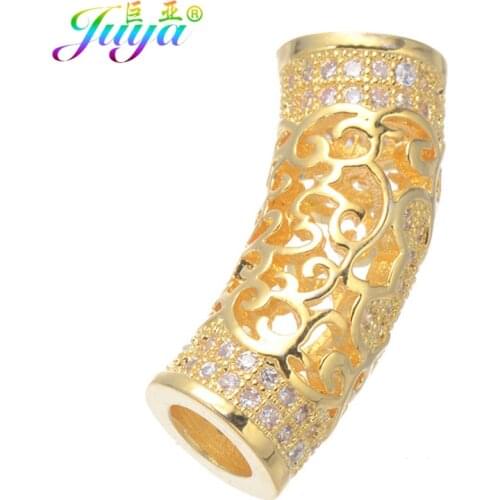 Cz Rhinestones Gold Hollow Curved Tube Beads Accessories For Natural Stones Leather Cords Pearls Jewelry DIY Making