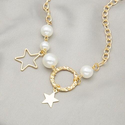 U-Magical Unusual Circle Shape Star Faux Pearl Asymmetric Pendant Necklace for Women Trendy Hollow Metal Chain Necklace Jewelry