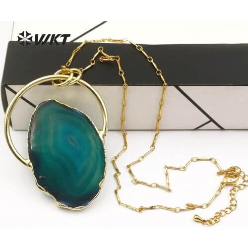 WT-N1138 New Colorful style with Natural Stone necklace Round Pendants Slice with manufacture Electroplate for jewelry