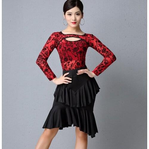 Latin Dance Practice Clothes Sexy Print Long-Sleeved Shirt Lotus Leaf Skirt For WomenS Ballroom Cha Cha Perform Clothes DL4911
