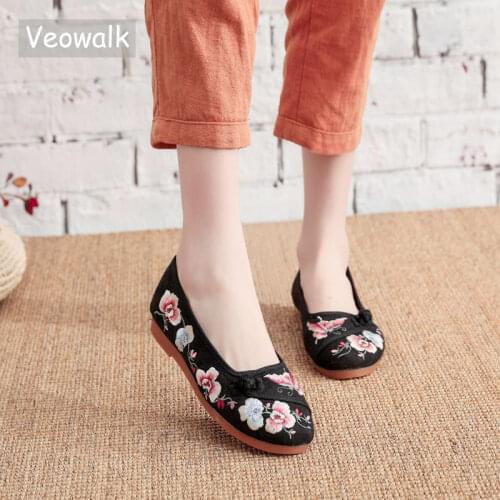 Veowalk Women Jacquard Cotton Embroidered Slip On Flats Soft Casual Walking Flat Shoes Vintage Comfortable Ladies Ballerinas