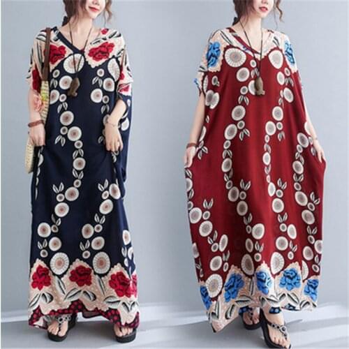 2021 Summer Fashion New Long Printed Cotton Silk V-neck Short Sleeve Loose Large Size Womens Comfortable Dress Trend H011