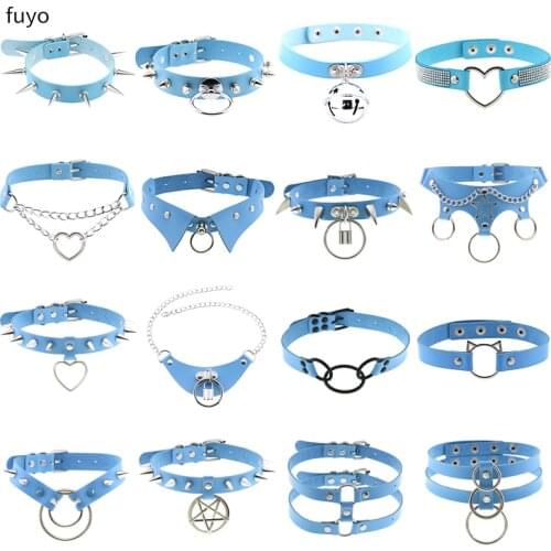 Fashion Punk Goth Blue Rivet PU Leather Choker Necklace For Women Steampunk Rock Metal Chain Necklaces Bondage Festival Jewelry