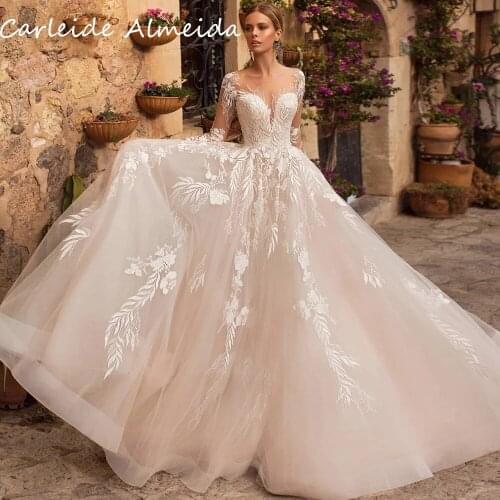 Vestidos Scoop Neck Long Sleeves Wedding Dresses Sexy Back Chapel Train Bridal dresses 2021 Elegant Women Wedding Gowns