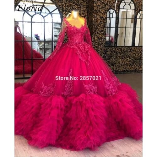 Princess Fuchsia Celebrity Dresses Long Sleeves Formal Evening Dresses Lace Luxury Tiered Birthday Party Gowns Formelle Robes