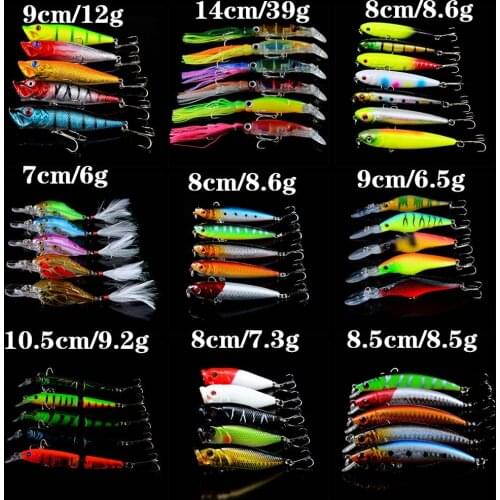 48pcs/lot Set Mixed 9 Models Hard Baits Artificial Make Popper/Squid/Crank and Pencil Plastic Fake Fish Bait Wholesale Y-T127