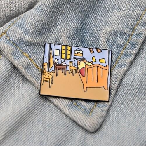 DMLSKY Van Gogh bedroom Brooch Cartoon Enamel Pins For Women Men Backpack Pins Personality Kids Pin Charm Jewelry M3302