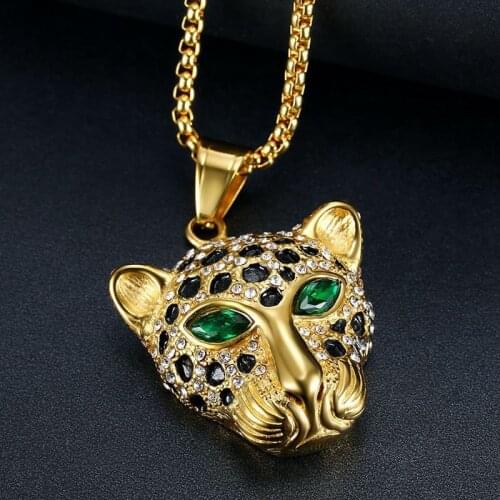 Punk Full Crystal Leopard Head Pendant Necklace Green Red Eyes Gold Color Link Chain Fashion Women Girl Jewelry Hiphop