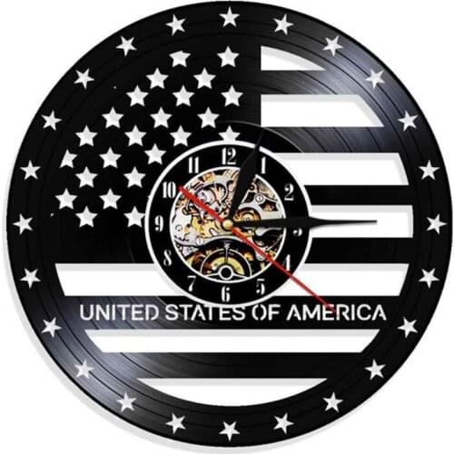 Hollow USA Flag Vinyl Record Clock Creative Independence Day LED Wall Clock Stars & Strips Flag Shape Antique Hanging Clock