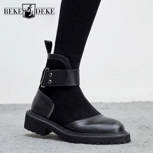 Designer Women Genuine Leather Patchwork Buckle Ankle Boots High Top Fashion Winter Fleece Lining Warm Motorcycle Biker Shoes