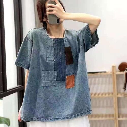 Loose Denim T-Shirt For Women Summer Patchwork Retro Simple Casual All-Match Sweet Cute Girl Short Sleeve Cotton Blue Tees Tops