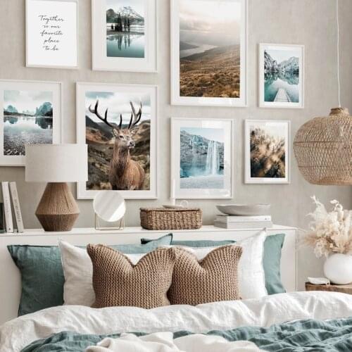 Mountain Calm Lake Deer Sunrise Forest Waterfall Wall Art Print Canvas Painting Nordic Poster Decoration Picture For Living Room
