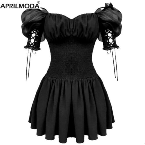 Harajuku Gothic Black Dress Streetwear Lace Up Sleeve Slash Neck Retro Vintage Mesh Summer Goth Punk Women A-Line Party Dresses