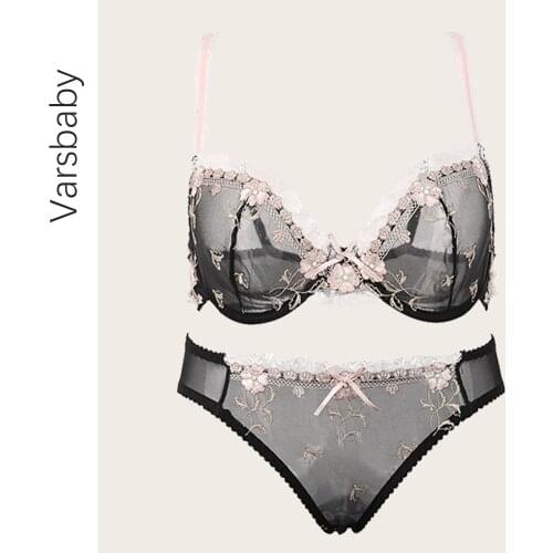 Varsbaby ladies sexy lace embroidery 3/4 cup bow underwear unlined back closure bra set ABCD cup
