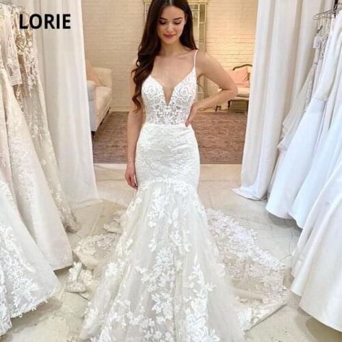 LORIE Vintage Wedding Dresses Spaghetti Strap Appliques Lace Mermaid Wedding Gown Long Train Bridal Dress 2021 suknia slubna