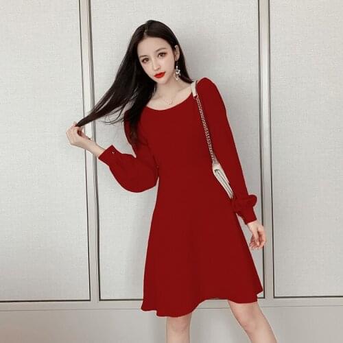 Qiu dong the new 2019 red long-sleeved French small dress show thin waist disposition, backing backless dress