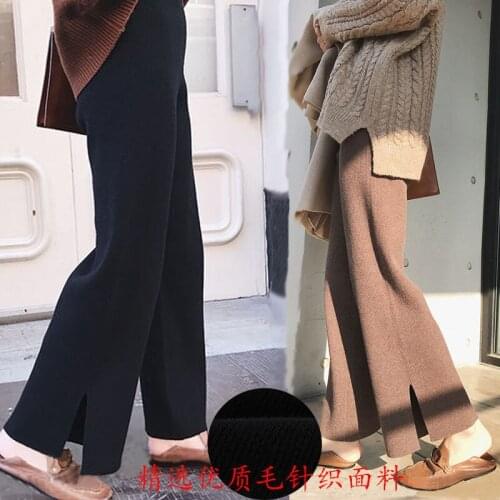 2021 New Winter High Waist Women Pants Casual Knitted Wide Leg Pants Elastic Elegant Solid Color Soft Trousers Lady Loose Y105