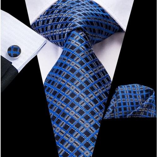 Hi-Tie 100% Silk Plaid Blue Mens Tie Set 8.5cm Wedding Ties For Men New Design Hanky Cufflinks Leisure Top Quality Necktie