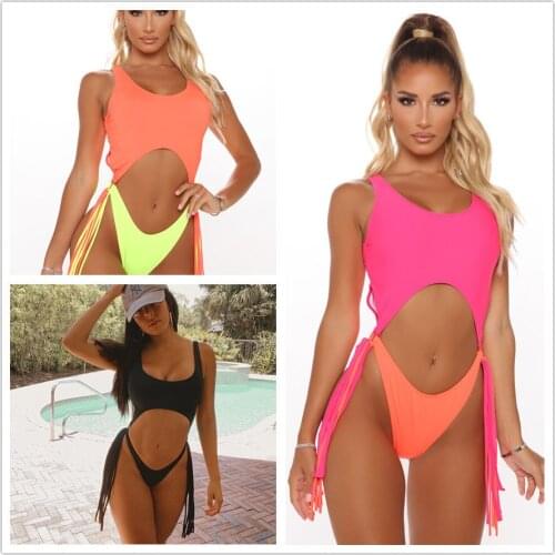 New Sexy Push Up One Piece Swimsuit Women Tassel Swimwear Cut Out Monokini Scoop Neck One Piece Bathing Suit Beach Wear Bodysuit