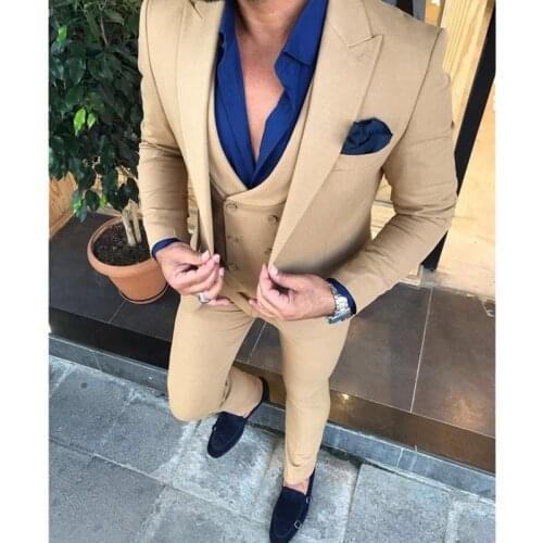 Autumn Custom Gentlemen Yellow Peak Lapel Suits Slim Fit Groom Tuxedo For Wedding Cocktail Party Men Clothing (Coat+Pants+Vest)
