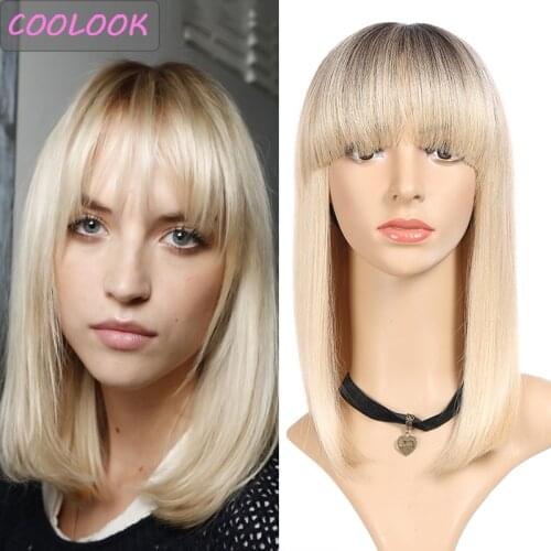 Short Bob Blonde Wigs for Women Ombre Blonde Straight Wigs with Bangs Synthetic Fibre Natural Straight Lolita Wig Peruca Cosplay