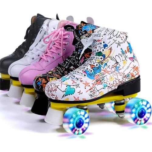 New Style Double Row Roller Skates for Children Or Adults Four 4 Wheels White Flash For Men and Women Outdoor Sports Patins
