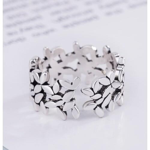 S925 Silver Color Ring Leaf Bohemian Retro Ring Women Fashion Personality Jewelry Adjustable Silver Color Girl Beautiful Gift