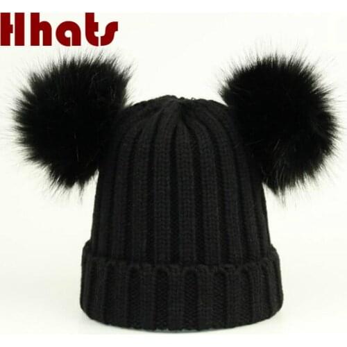 Girl double faux fox fur pom pom skullies beanie casual two hair ball knitted hat thick warm fur pompom female cap drop shipping