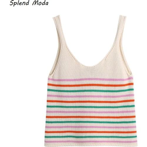 Splend Moda 2021 Summer Thin Women New Rainbow Striped V-Neck Knitted Camisole Crop Top + Drawstring Waist Rainbow Shorts Casual