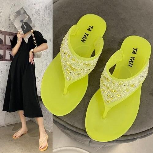 Rhinestone flip flops Jelly Slippers Summer Candy Colors Transparent Slides Womens Fashion Slip On Flat Beach Indoor Outdoor