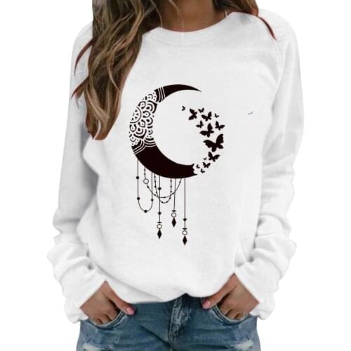 Sweatshirt Women Moon Butterfly Print Pullover Tops Spring Autumn Fashion Streetwear Loose Harajuku Round Neck Sweatshirts