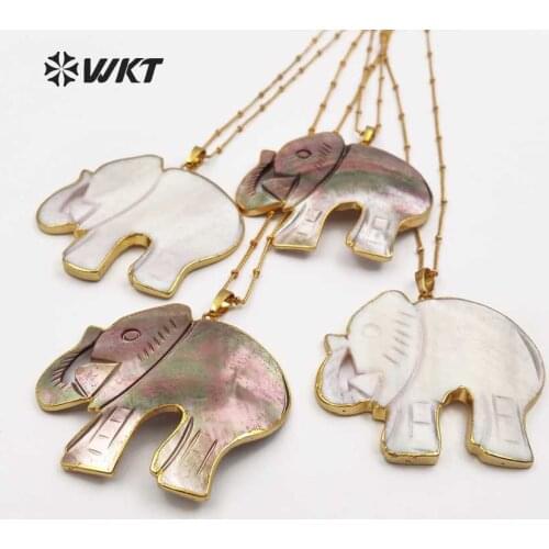 WT-JN029 WKT wholesale natural shell necklaces,fashion baby elephant shape pendants with gold color chains women jewelry gift
