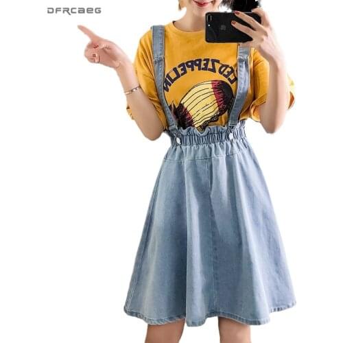 Light Blue Plus Size Denim Pleated Skirts Womens 2020 Summer Retro Ladies Jean Suspender Skirts Female Casual Strap Saia Jean