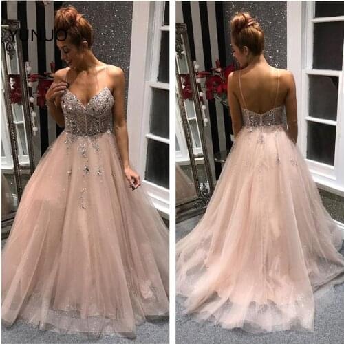 YUNUO Custom Tulle Spaghetti Straps Formal Evening Dresses Long Crystals vestidos elegantes Prom Dress Backless de fiesta