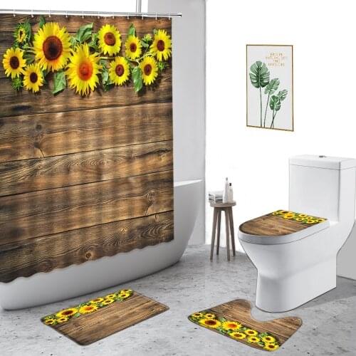 Retro Wood Grain Floral Shower Curtain Sunflower Poppy False Wall Fabric Bathroom Set Non-Slip Carpet Waterproof Bath Curtains
