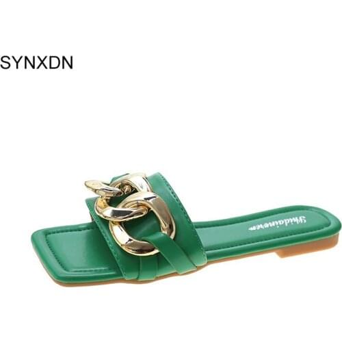 New 2021 Summer Women Slippers Flat with Gold Chain PU Material Office Lady Shoes Female Slides Girls Sandals