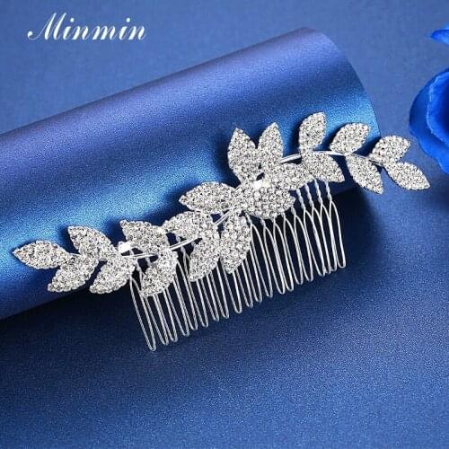 Minmin Silver Color Bride Hair Ornaments Crystal Leaf Bridal Hair Combs Wedding Hair Accessories Queen Tiara Hair Jewelry MFS263