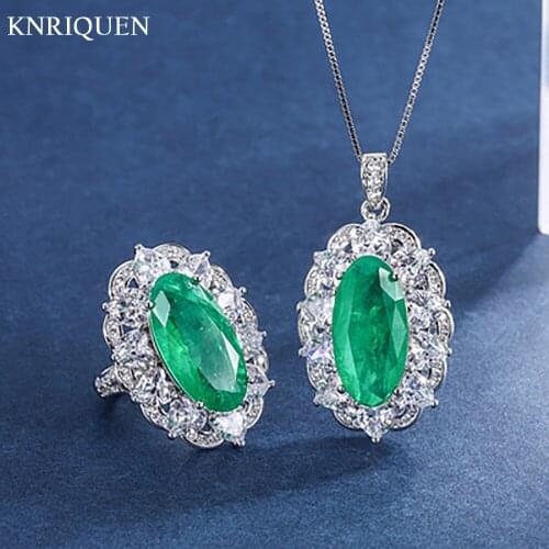 Charms 925 Sterling Silver 10*20mm Emerald Gemstone Pendant Necklace Rings High Carbon Diamond Wedding Jewelry Sets for Women