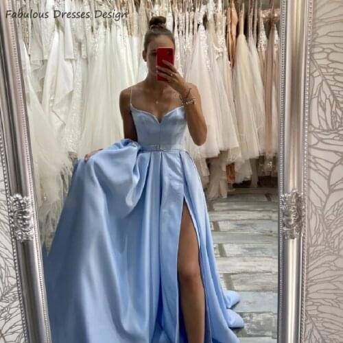 Light Blue Sweetheart Long Prom Dresses 2020 Sexy Split Backless A Line Evening Dress Party For Women Vestido De Festa Chic