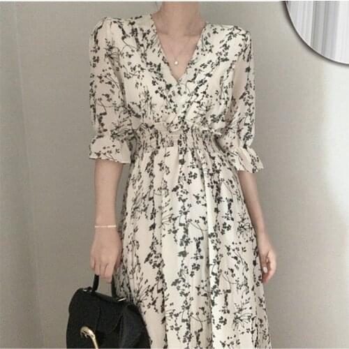 2021 Summer Women Retro Floral Dress Cross V Neck Wooden Ear Slim Long Vestido Summer Elegant Chiffon Short Sleeve Dresses Femme