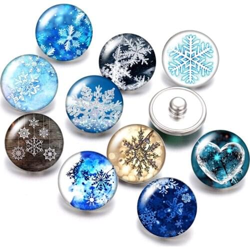 Winter Snowflake Christmas Gift 18mm snap buttons 10pcs mixed round photo glass cabochon style for snap jewelry wholesale