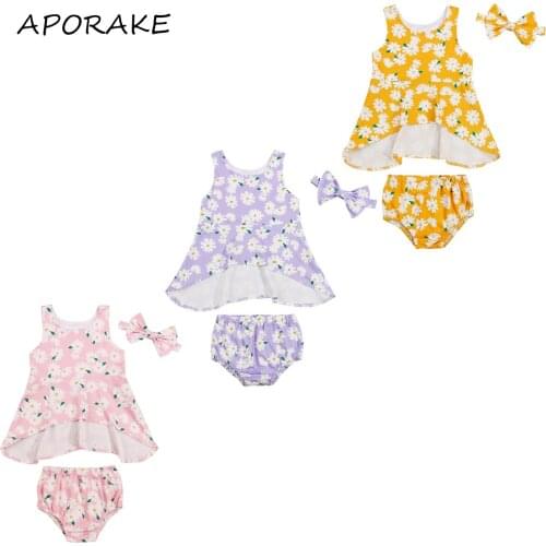 2021 0-3Y Sweet Kids Baby Girl Clothing Set Floral Print Sleeveless Top Dress+Triangle Shorts+Headband Summer Holiday 3pcs