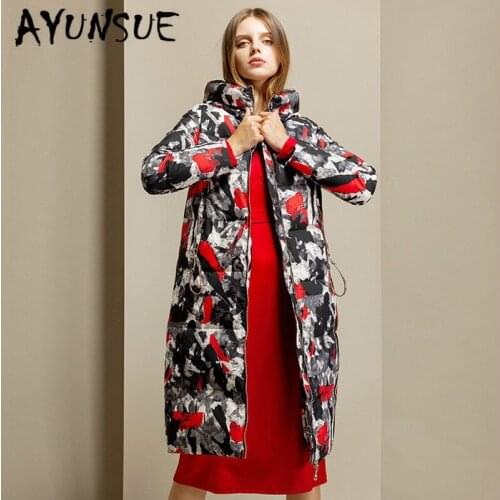 90% White Duck Down Coat Women Korean Print Winter Coat Women Hooded Warm Paka Long Women Down Jacket Abrigos Y9204 YY1552