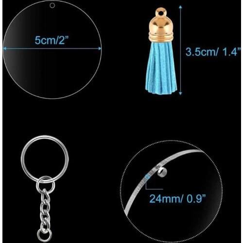 90Pcs Acrylic Clear Circle Discs Keychain Set Round Acrylic Keychain Blank Leather Tassel Pendant Jump Rings for DIY